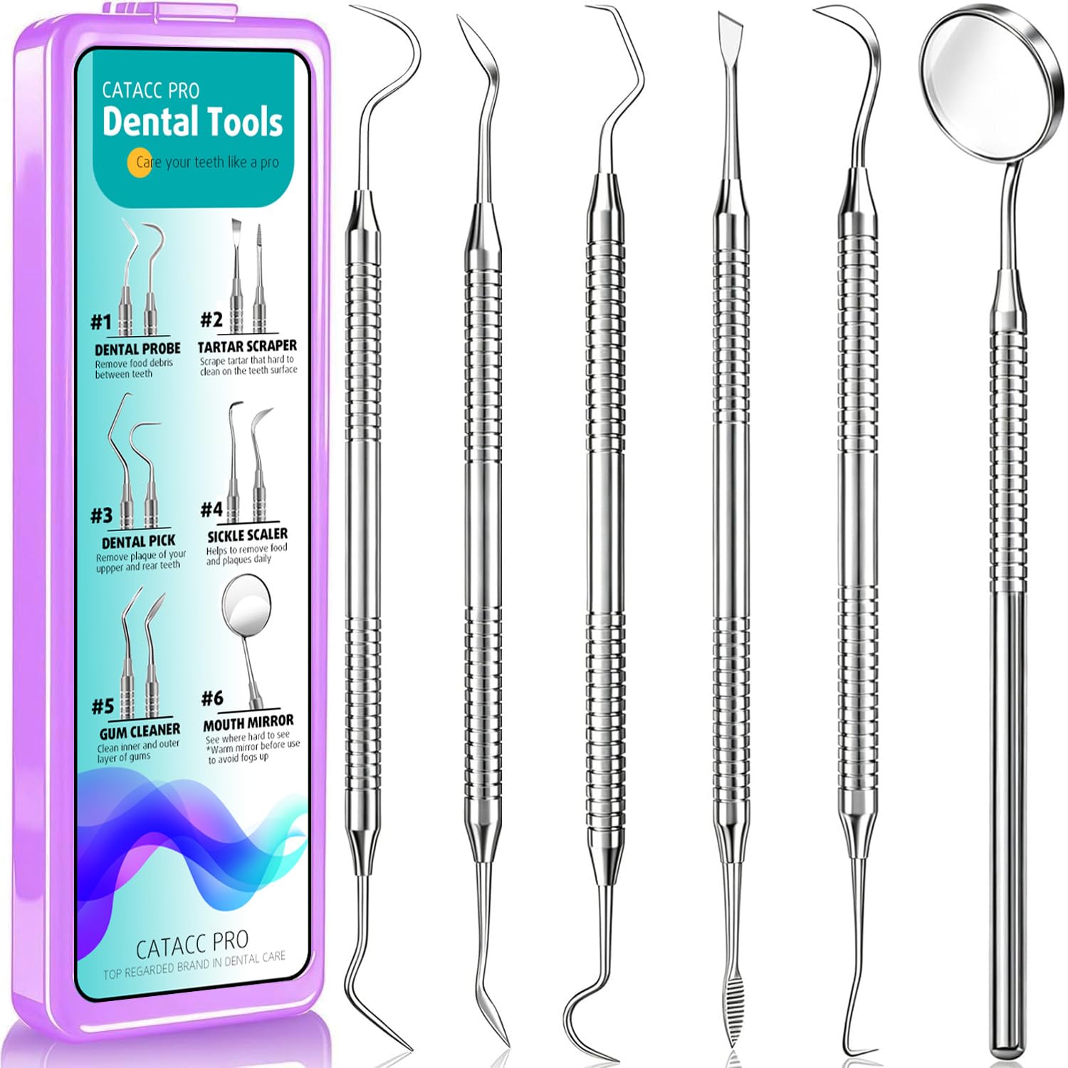Dental Pick Tools Kit, Plaque Tartar Remover Tooth Scraper | 6-in-1, Deep Cleaning, Stainless Steel, Teeth Whitening, Oral Hygiene Kit, with Case, Home Use Between Dentist Visit, Pets