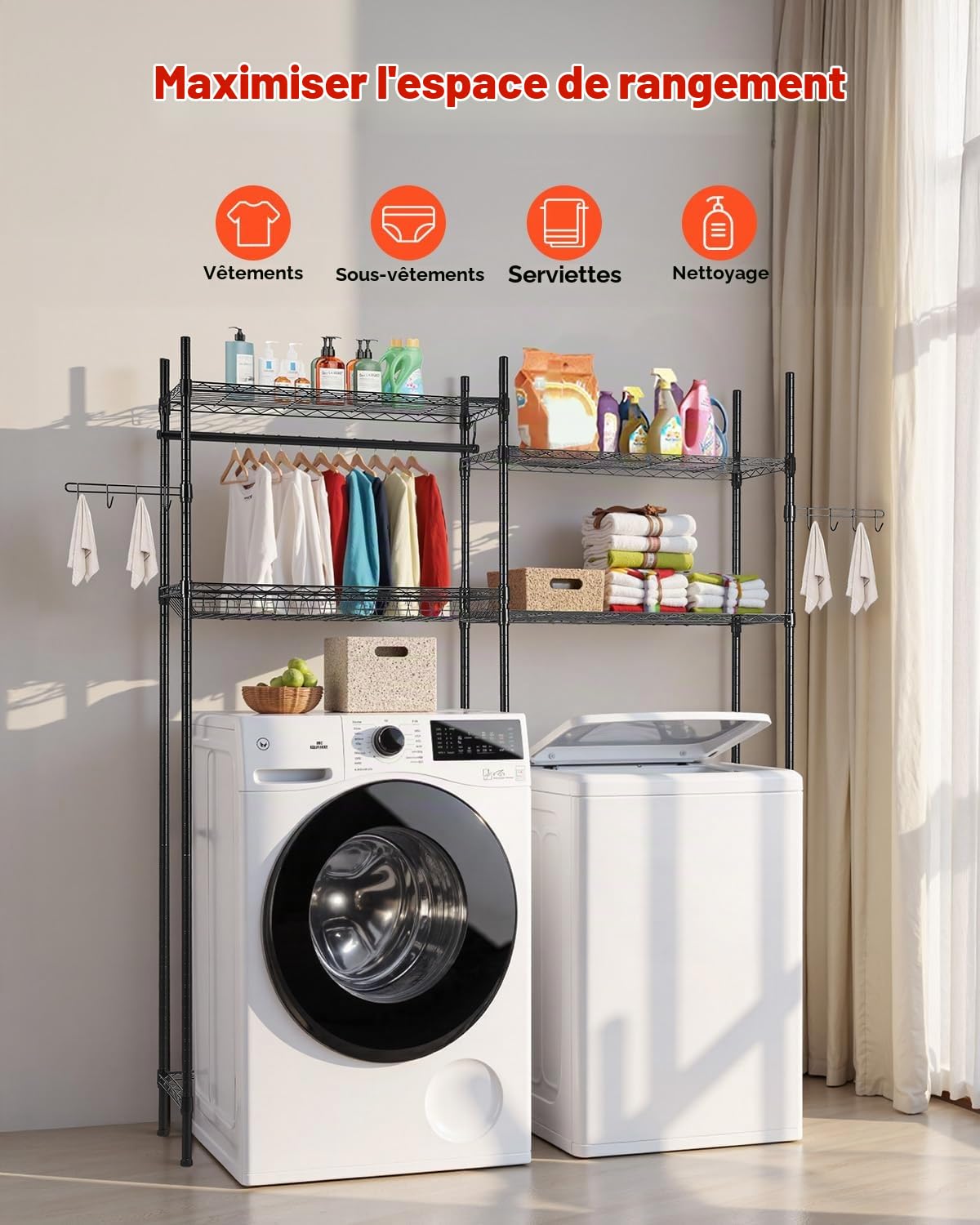 VEVOR Étagère de Rangement pour Lave-Linge et sèche-Linge à 4 Niveaux, étendoir à Linge avec Tringle et Crochets, étagères réglables à Deux rangées, Gain de Place, pour buanderie, Salle de Bain, Noir