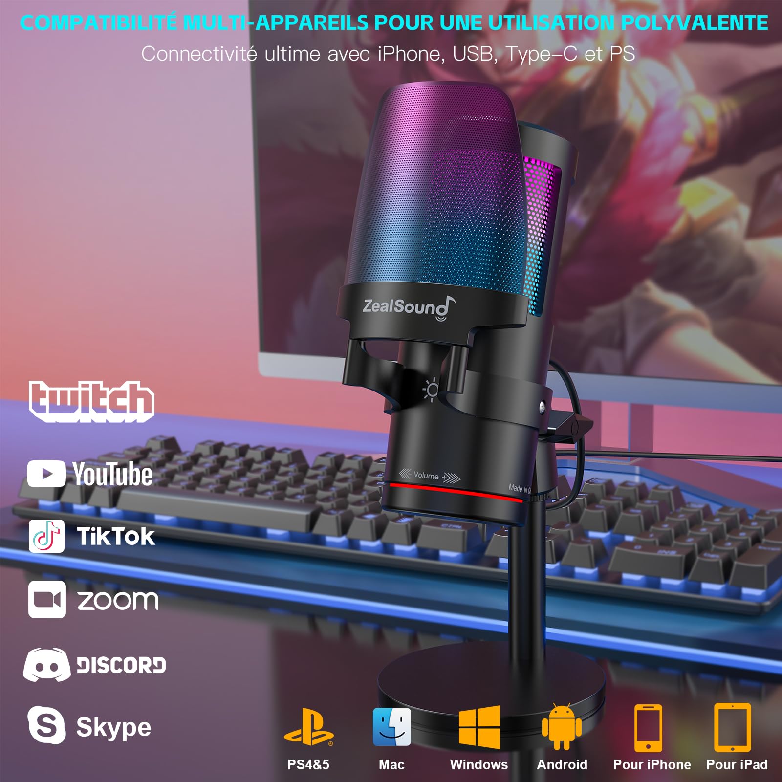zealsound USB Gaming Microphone,Microphone condensateur à réduction de Bruit pour iPhone/iPad/PC/Mac,avec RGB,Touch Mute,Gain,Prise de contrôle,pour Streaming,Podcast,Youtube,Discord,PS4/5,Gamer Wave