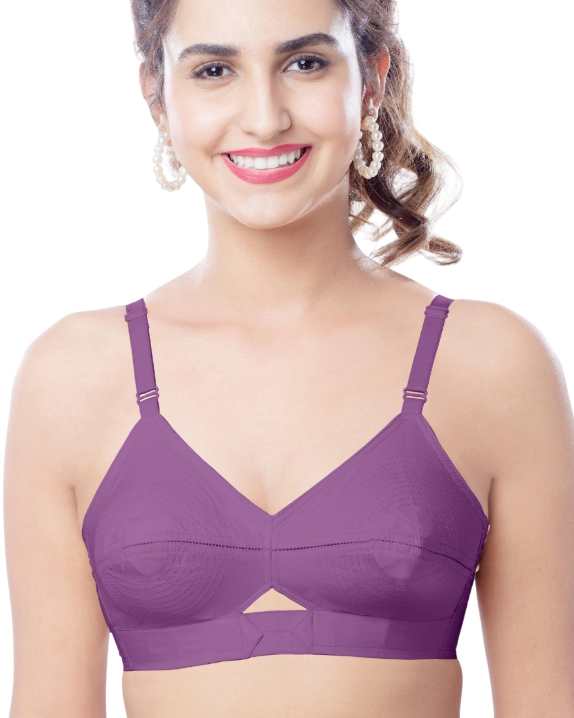 Brida Kavya Xtra Soft Cotton Round Stitch Bra for Women | Full Coverage | Non-Padded | Wireless | Double Layer Heavy Bust | Combo | Colours May Vary (Purple,38,E)