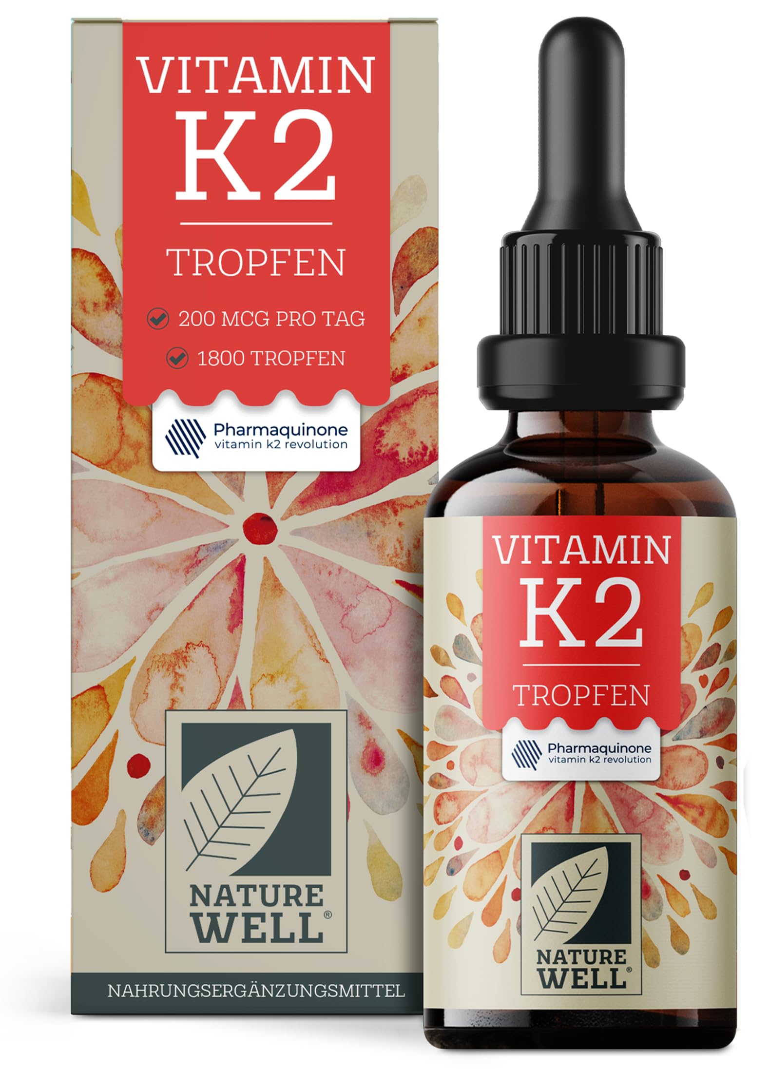 Vitamin K2 Tropfen 1800x (50ml) - optimal hochdosiert mit 200 µg Vitamin K2 MK7 - Premium-Rohstoff Pharmaquinone® mit 99,7+% all-trans-Gehalt - laborgeprüft mit Zertifikat - 100% vegan