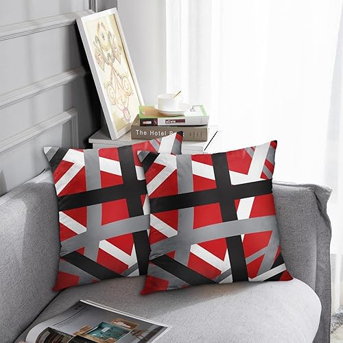 Miniatura 4 de Emvency Juego de 2 fundas de almohada de poliéster decorativas de color rojo y negro de 16 x 16 pulgadas, diseño de rayas, fundas cuadradas para