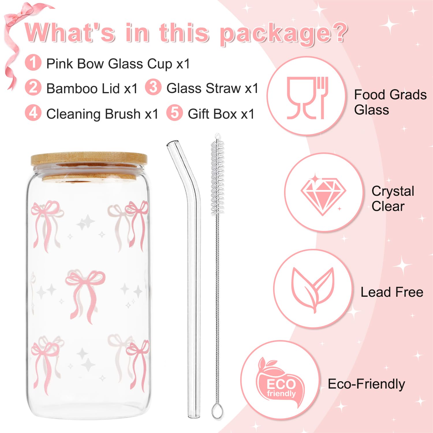 Coquette Bow Aesthetic Cup With Gift Box 16oz Glass Cup with Lids Straws and Black Bow Iced Coffee Smoothie Cute Tumbler with Cleaning Brush for Girls Bestfriend Sister Girlfriend, Preppy Stuff