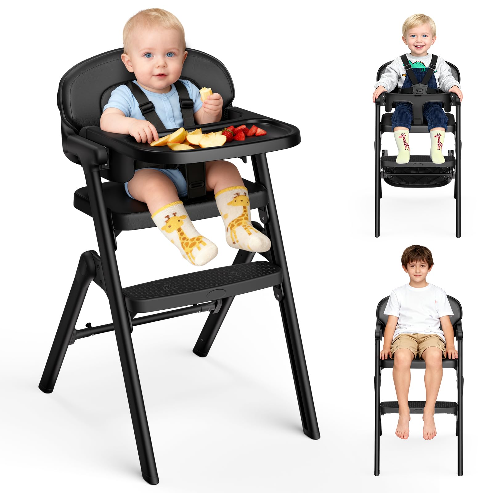 Trona Evolutiva Bebé-Plegable, Tronas de Bebe Regulable, 6 Meses-90 KG, con Bandeja/Cojín/Arnés de 5 Puntos/Bandeja, Tronas Evolutivas Fácil de Limpiar, Ergonómica (Negro)