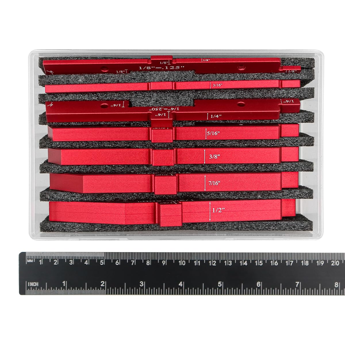 Bloques de configuración de precisión de 7 Piezas, Barras de configuración de Mesa de enrutador, Juego de medidores de Altura de Aluminio para Sierra de Mesa de enrutador (Rojo)
