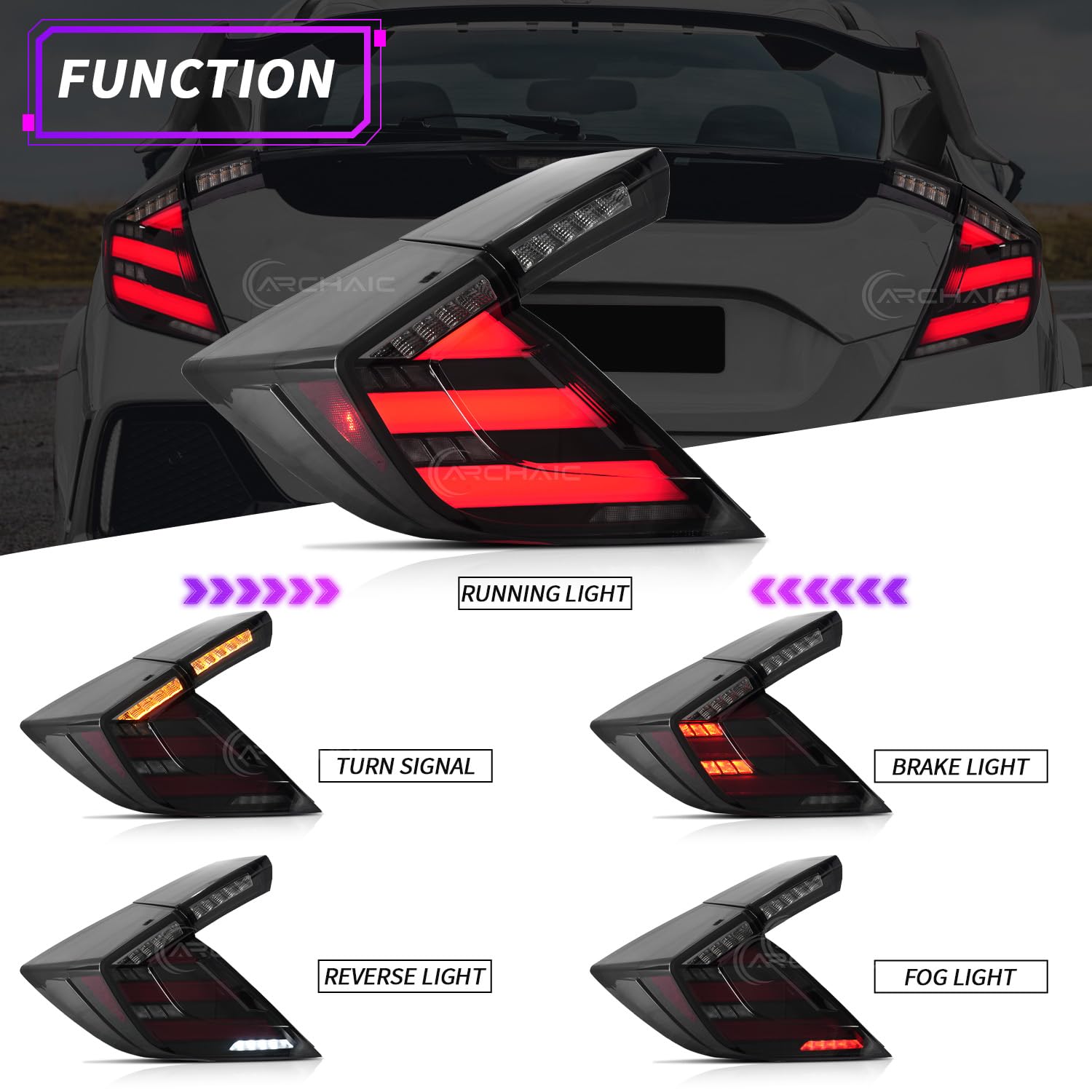 Archaic LED Luces traseras compatibles con 10th Honda Civic Type R Hatchback FK7 FK8 2016-2020, con señal de giro secuencial, animación DRL, par