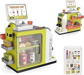 Cash Register for Kids, Pretend Play Store with Scanner and Calculator, Coffee Machine, Credit Card, Paly Money, Play Food for Toddlers, Gifts for Boys and Girls Age 3+ (Green)