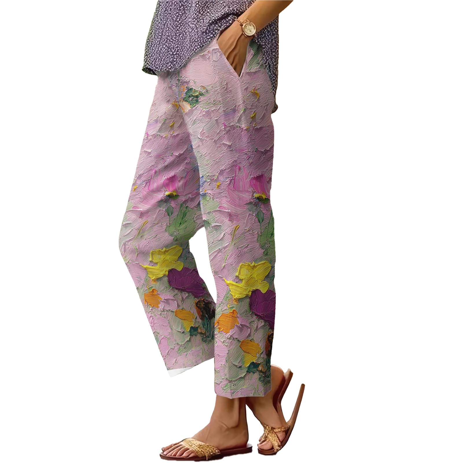 Womens Straight Leg Pants Boho Oil Painting Floral Print Trousers Casual Drawstring High Waist Summer Palazzo Pants