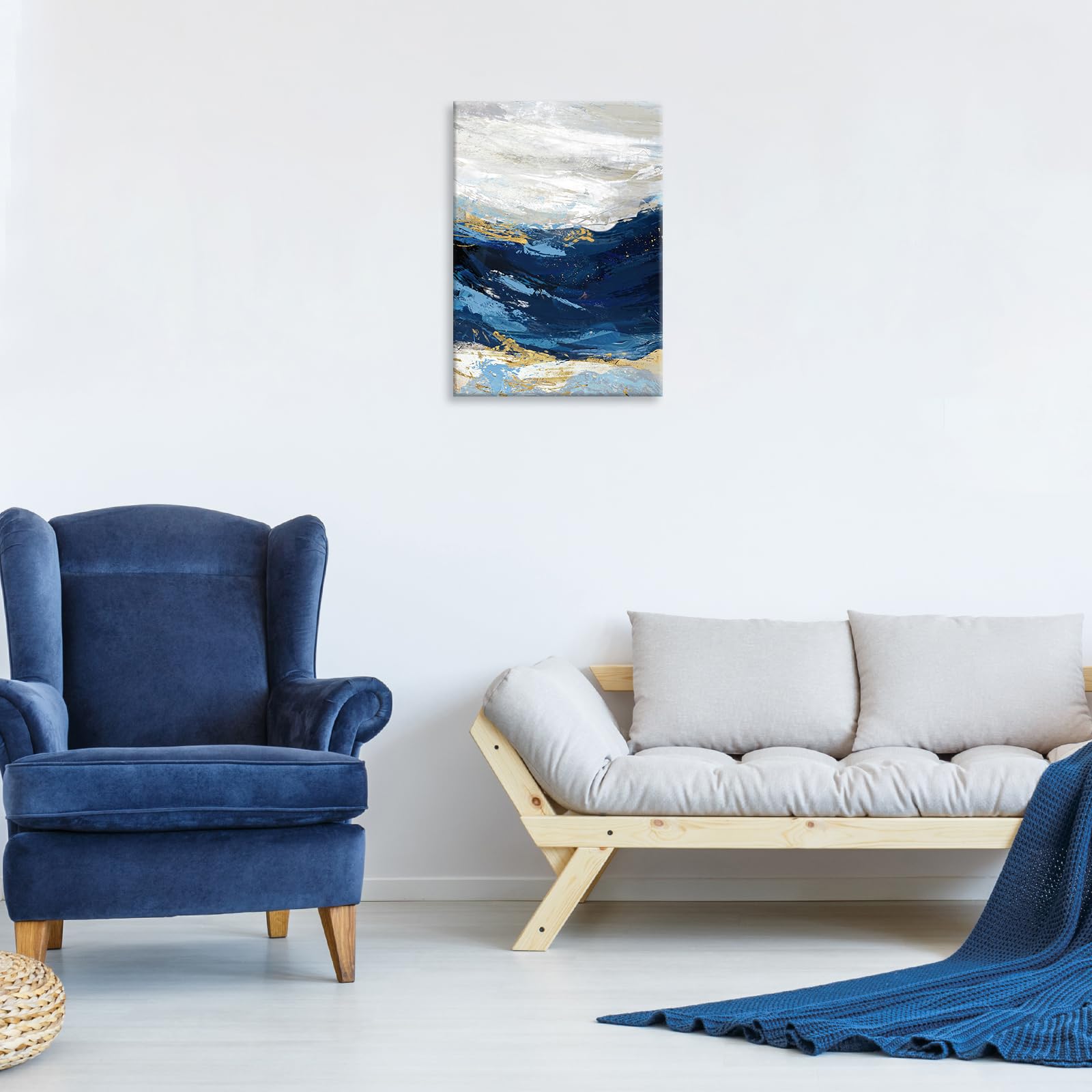 WENGTIAO Abstract Minimalist Blue Canvas Wall Art Prints Framed Pictures Navy Blue Sea Wave Gold Gray Painting on Canvas Living Room Bedroom Home Wall Decor Ready to Hang 30x40cm - Image 4