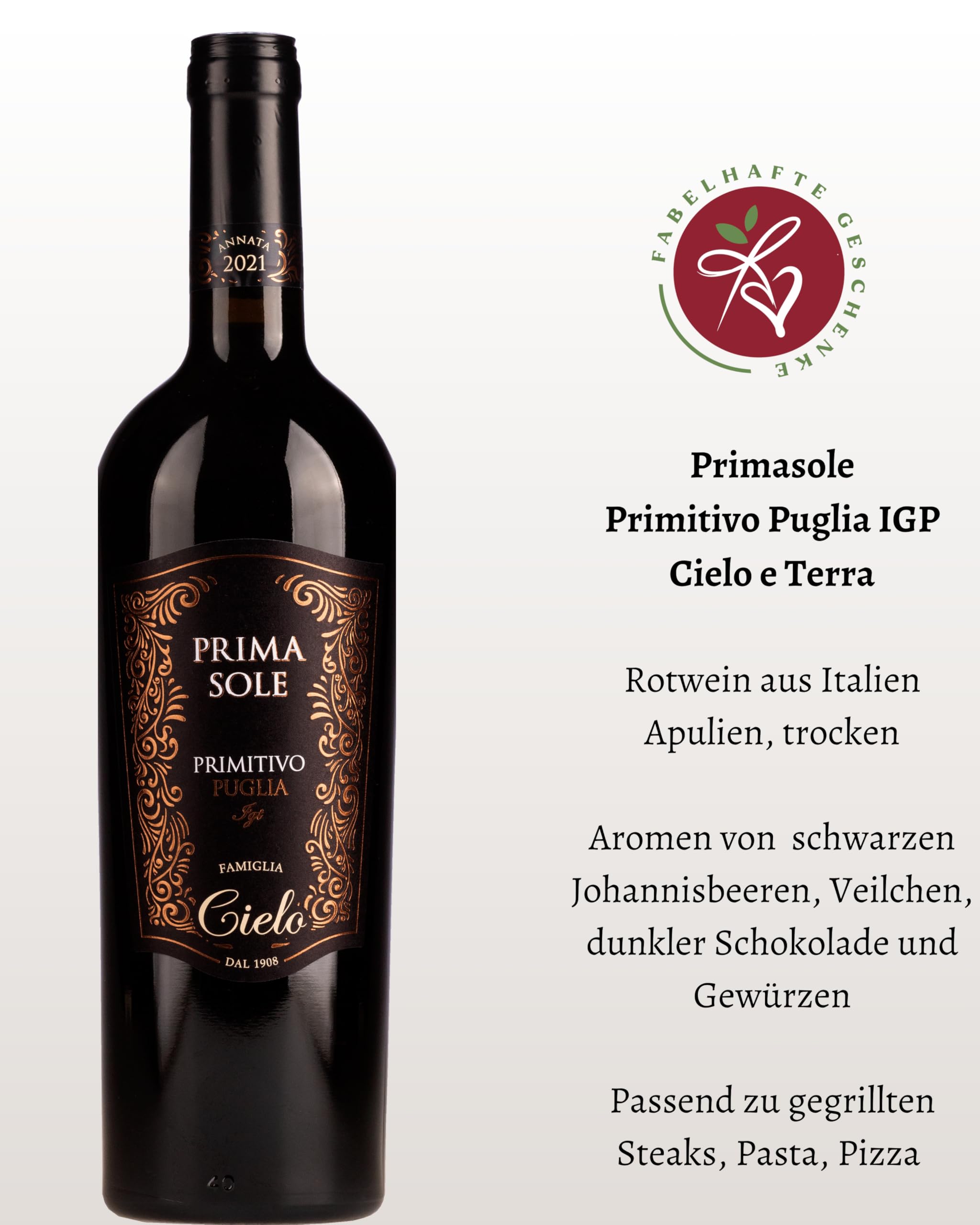 Geschenkset Rotwein Primitivo mit feinsten Schokoladentrüffeln und Amaretti | Ein Weingeschenk für Männer & Frauen zu Geburtstag, Hochzeit, Weihnachten, Jubiläum