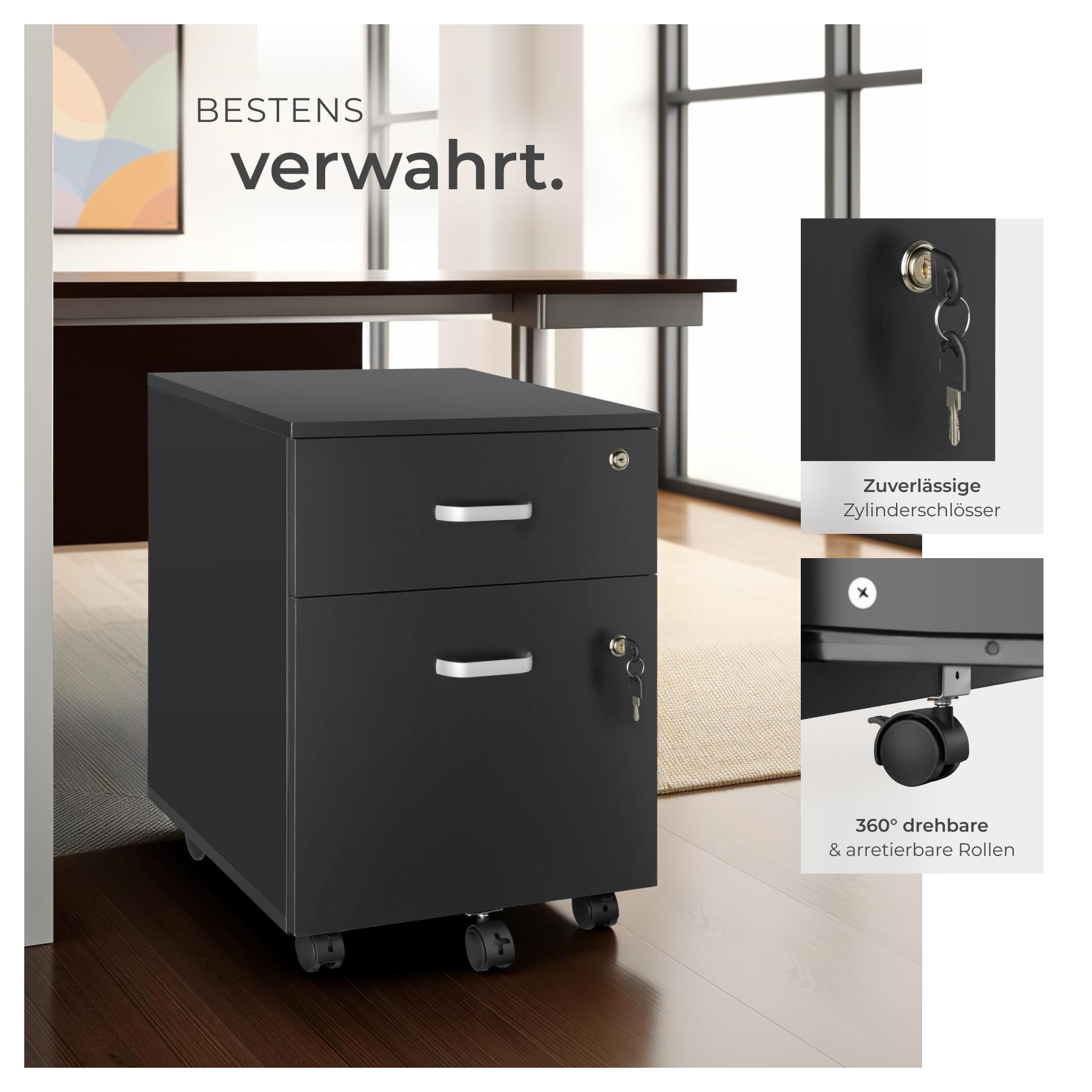 tectake® Rollcontainer mit Schubladen, Aktenschrank abschließbar, Kommode mit Schubladen, Rollwagen, Organizer für Dokumentenablage und Ordner A4 breit, Büroschrank, schwarz