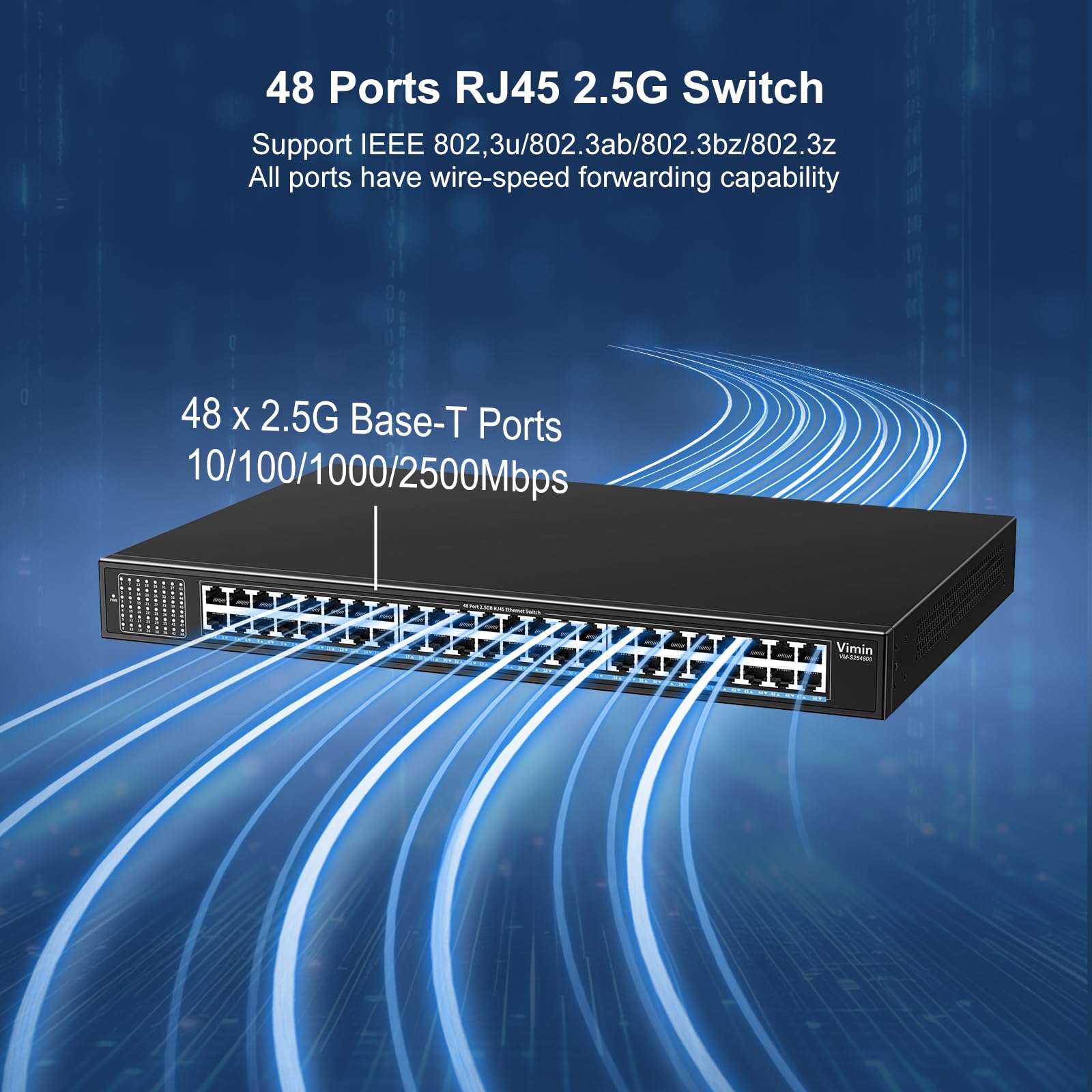 VIMIN Switch Non Gestito a 48 Porte 2,5G, Switch Ethernet Base-T a 48 Porte 2,5GB, 2,5Gb Switch di Rete Plug & Play, Compatibile con 10M/100M/1000M/2,5G, capacità 240Gbps, per Nas, AP Wireless e PC