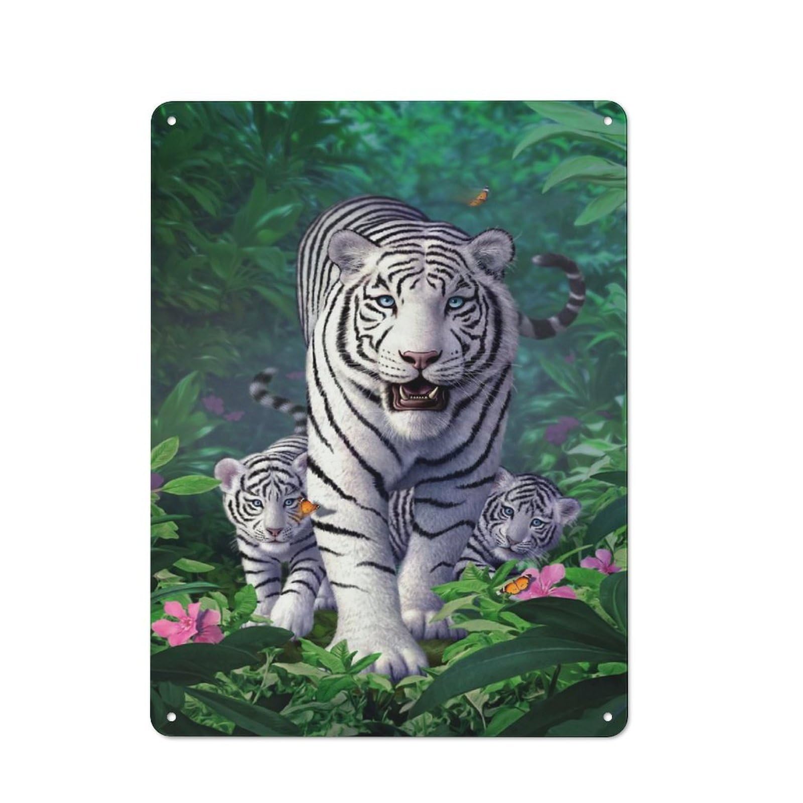 Vintage Tin Sign 40x30cm Featuring White Tigers, Industrial Wall Art for Garage, Workshop, Shed Or Utility Room