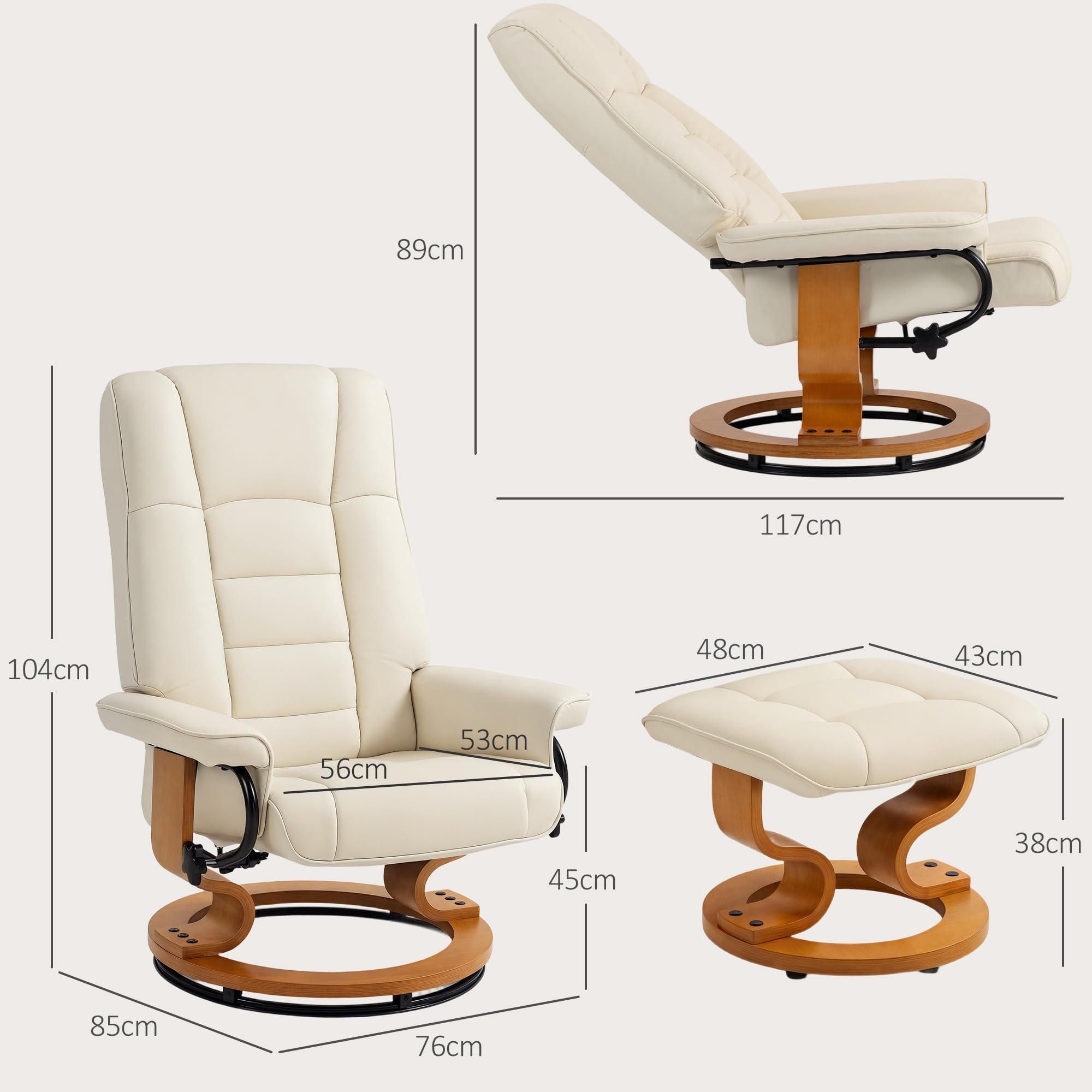 HOMCOM Fauteuil de Relaxation inclinable avec Repose-Pied Fauteuil Relax de Salon pivotant, Cadre en Bois revêtement synthétique 76 x 85 x 104 cm crème
