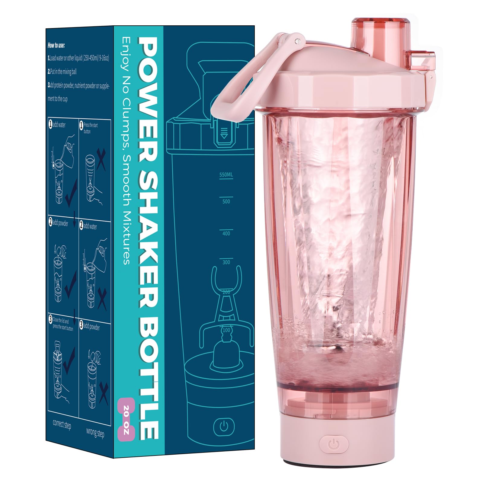 Woobroo Protein Shaker Bottle, USB C Rechargeable Premium Electric Protein Shake Mixer, BPA Free, Shakers Cups for Meal Replacement, 550ML, Pink