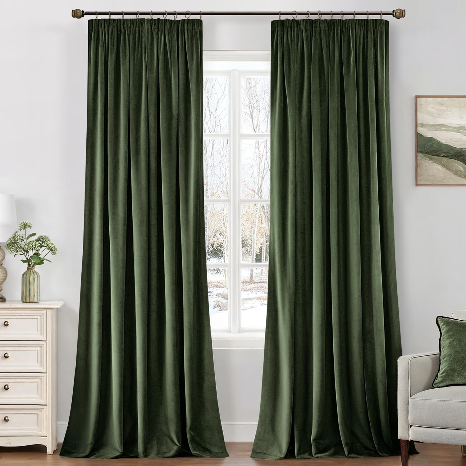 MIULEE Olive Green Velvet Pencil Pleat Blackout Curtains 90x90 Inch 2 Panel โ image 1