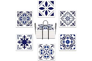 Ceramic Stone Geometric Pattern Drink Coasters Set of 6 - Blue and White Color