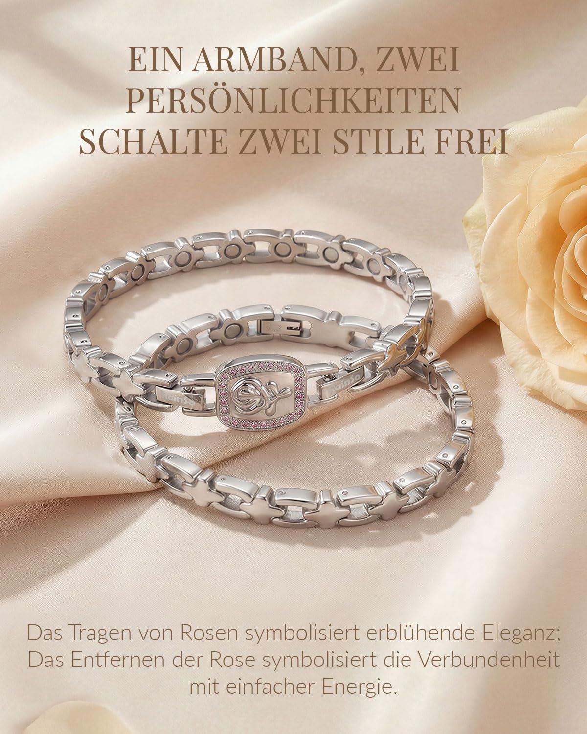 RainSo Bracelet magnétique pour femme - Rose amovible - Bracelet 2 en 1 en acier inoxydable avec double possibilité de port - Taille réglable - Avec outil de réglage et boîte cadeau (argent)