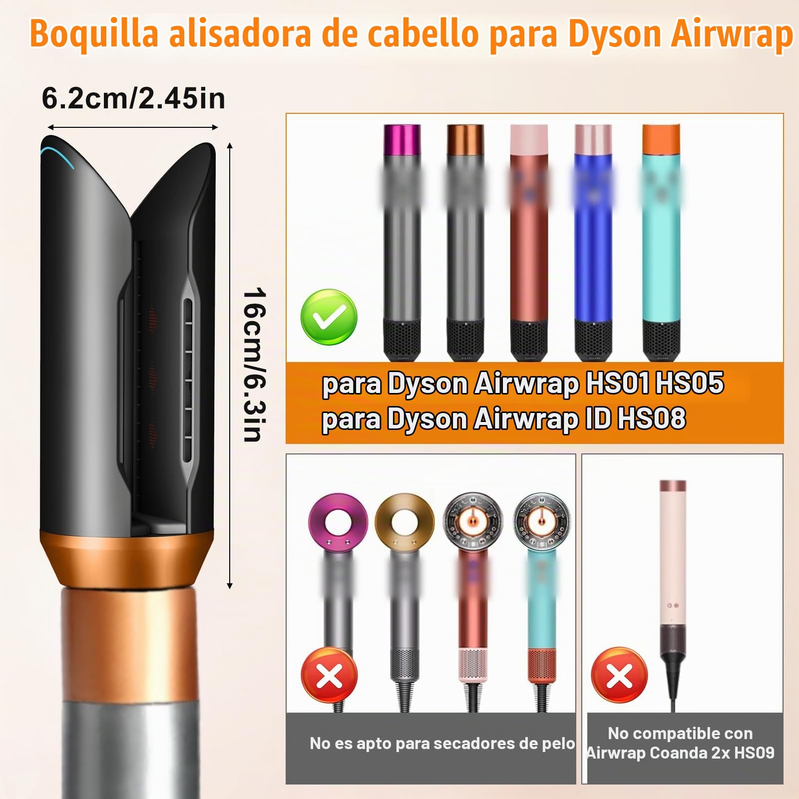 Boquilla alisadora de rizador para Dyson Airwrap HS01 HS05 HS08, dorado | La boquilla alisadora alisa y peina el cabello solo con flujo de aire, accesorio estable y fácil de usar