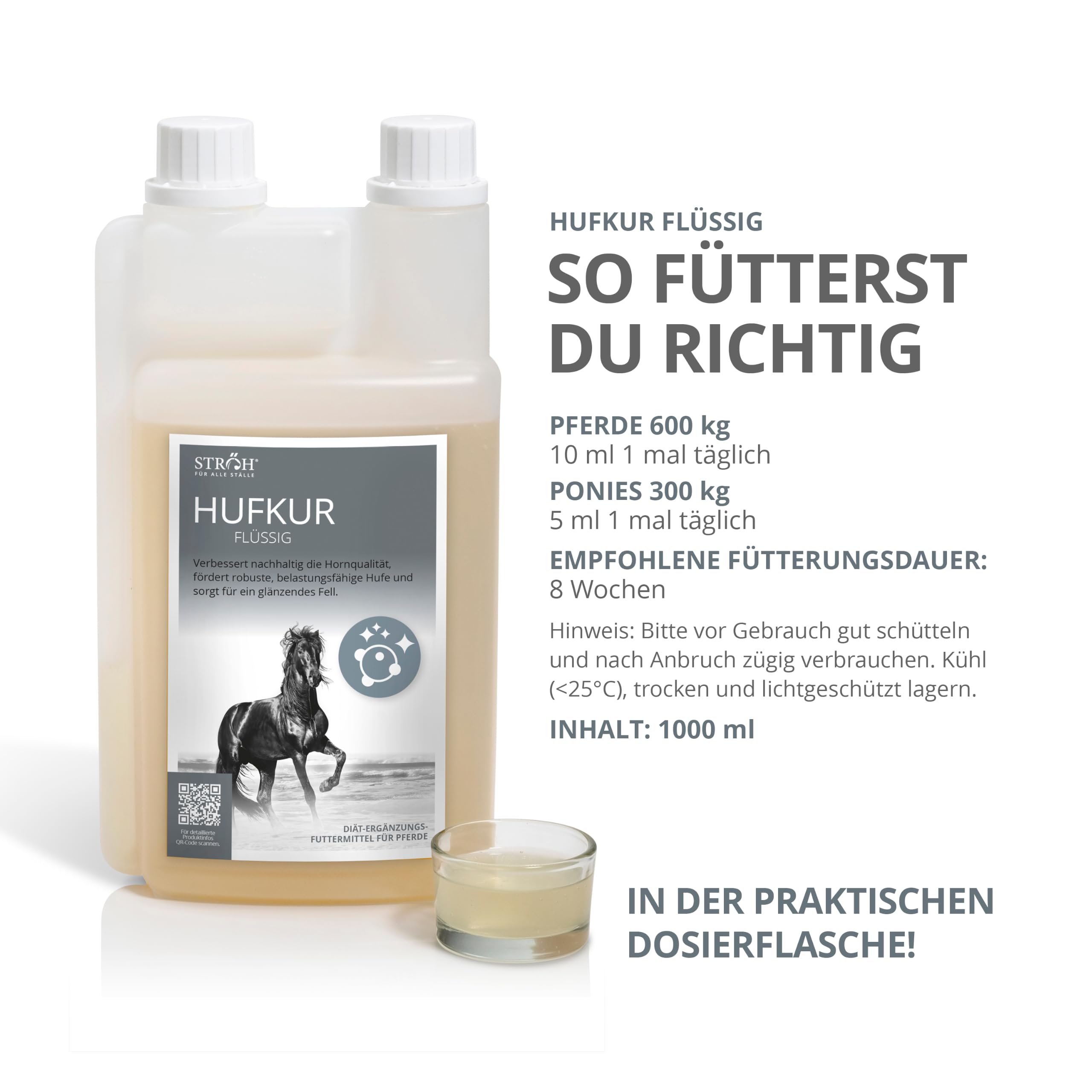 STRÖH Hufkur flüssig für Pferde 1L - Ergänzungsfutter mit Biotin & Zink