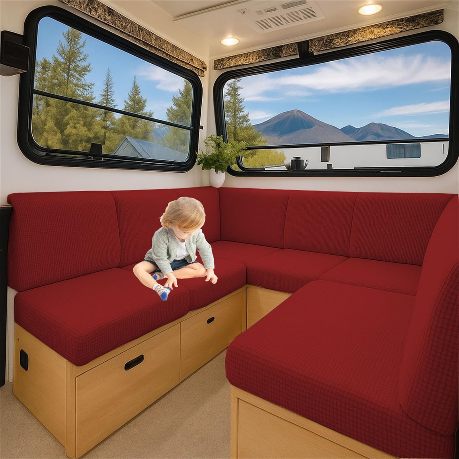 ZGDDPZA Stretch Jacquard RV Caravan Cushion Cover Non-Slip Fit Multi‑Size for Dinette Motorhome, Indoor Seating & Camper Benches (Wine red,L 135-165cm W 65-95cm)