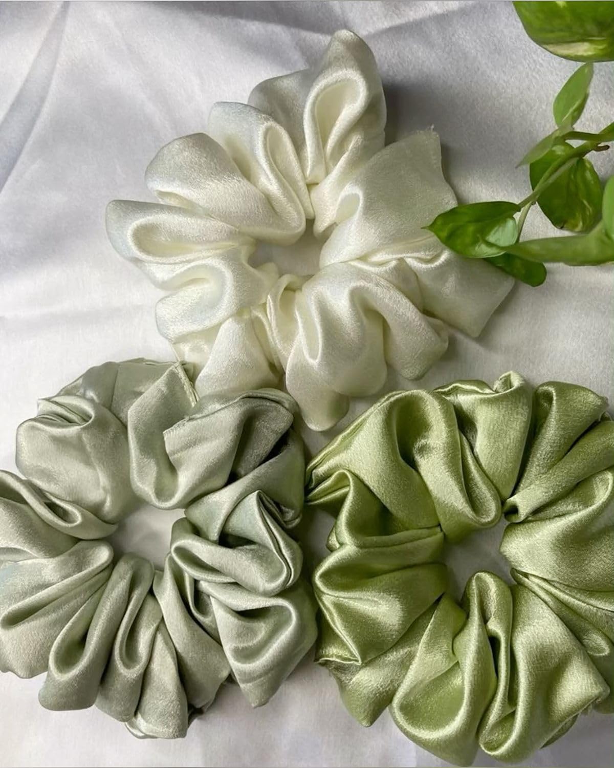 Luxurious Satin Hair Scrunchies, Set of 3, Elegant White and Sage Green Shades, Oversized Design for Women-image-25