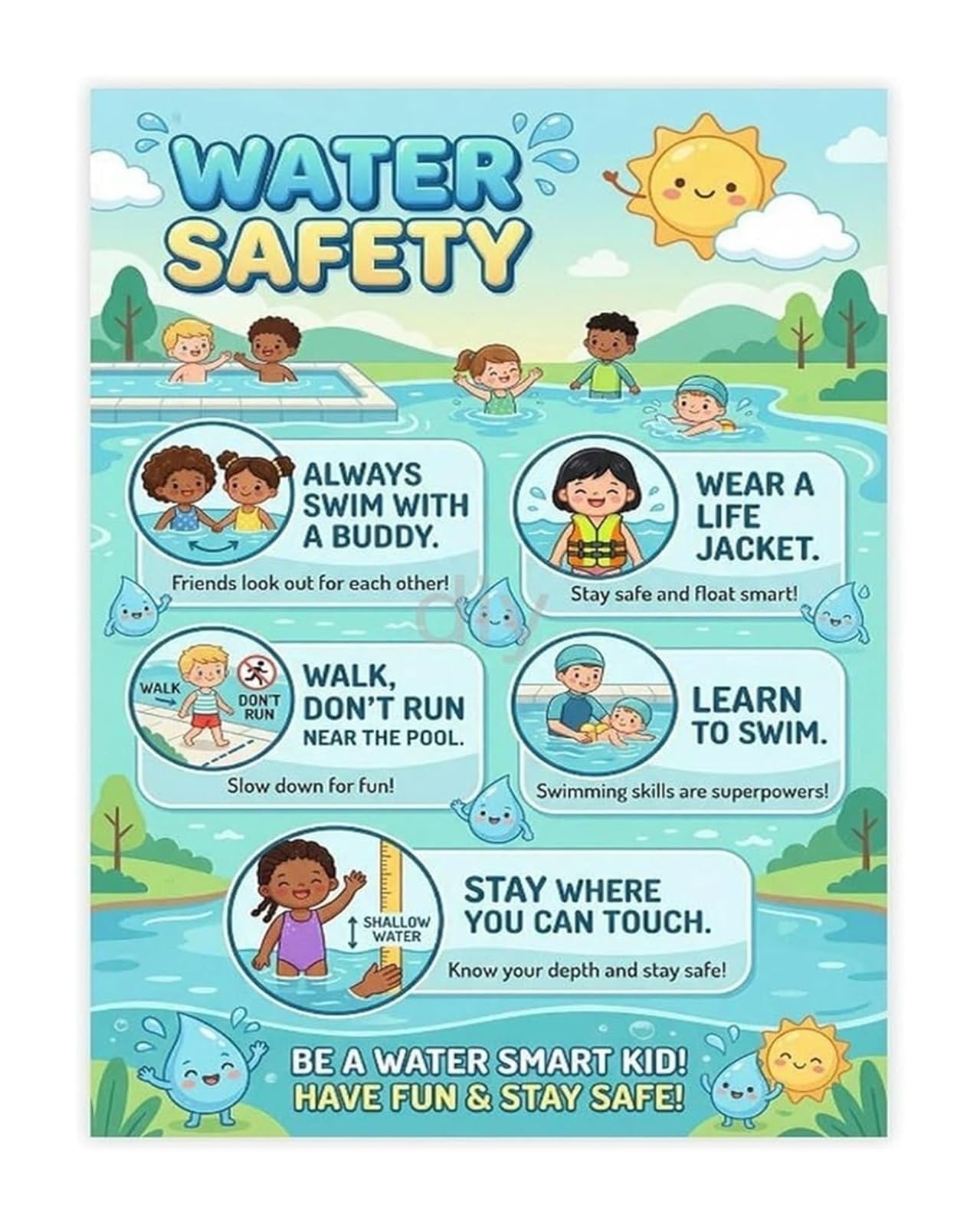 RNUMLIGH Pool Rules Poster Drowning Prevention and Water Tips for Summer Home Wall-Art