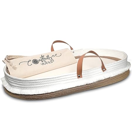 Original Cotton Rope Baby Changing Basket with Foam Pad & Organic Cover, Moses Basket, Changing Table Topper by Coastfully Yours | Farmhouse Nursery Decor | Boho Nursery Decor