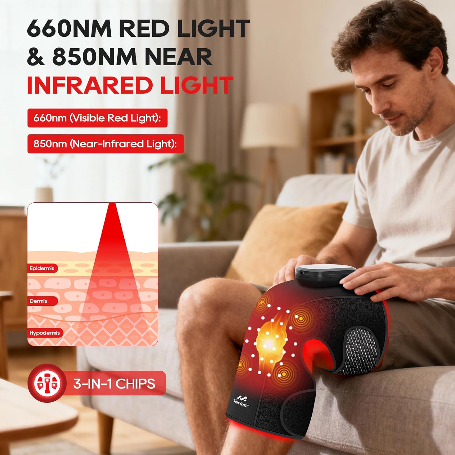 Morfone Red Light Therapy Device for Knee,3 Vibration Modes and 4 Heating Levels,5000mAh Wireless Rechargeable, 660nm and 850nm Infrared Red Light Therapy for Knee,Gifts for Women Men - Image 2