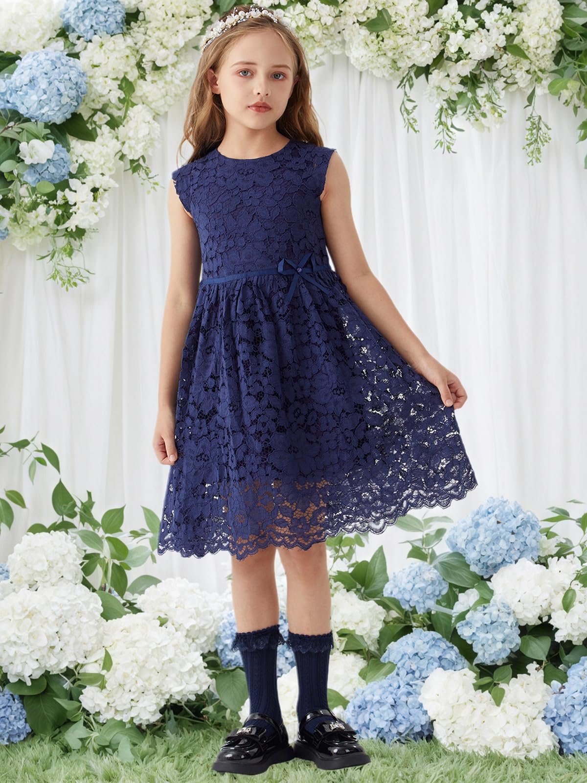 ALLOVIN Robe de fête en Dentelle A-Line sans Manches pour Filles et Tout-Petits pour Pâques, Anniversaire, Robe de Demoiselle d'honneur avec nœud perlé 2-12 Ans