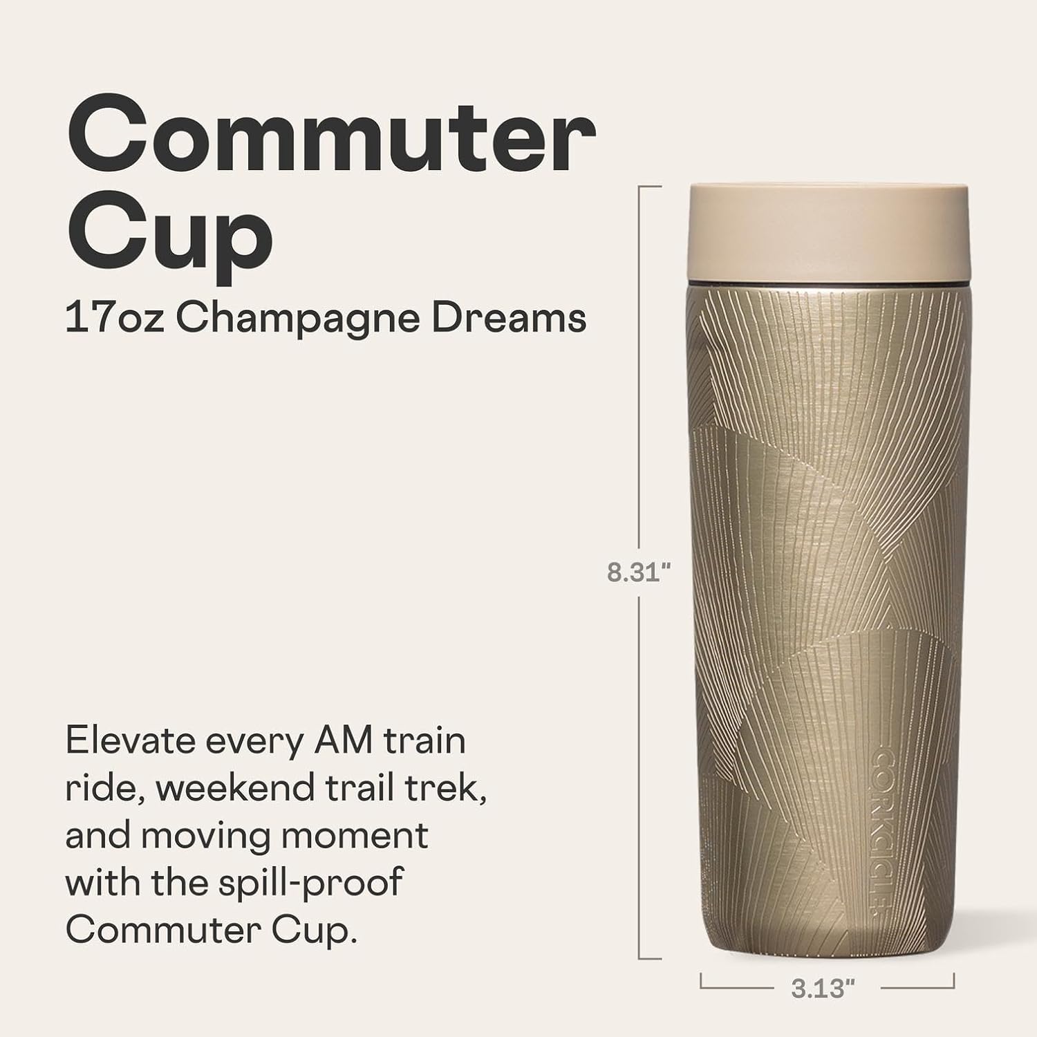 Corkcicle Commuter Cup Travel Mug - Insulated Coffee Mug with Lid - Keeps Drinks Cold 18 Hours - 360° Spill-Proof Sip Lid - Holiday Gift - Great for Gifting Warmth - 17 oz - Champagne Dreams - Image 2