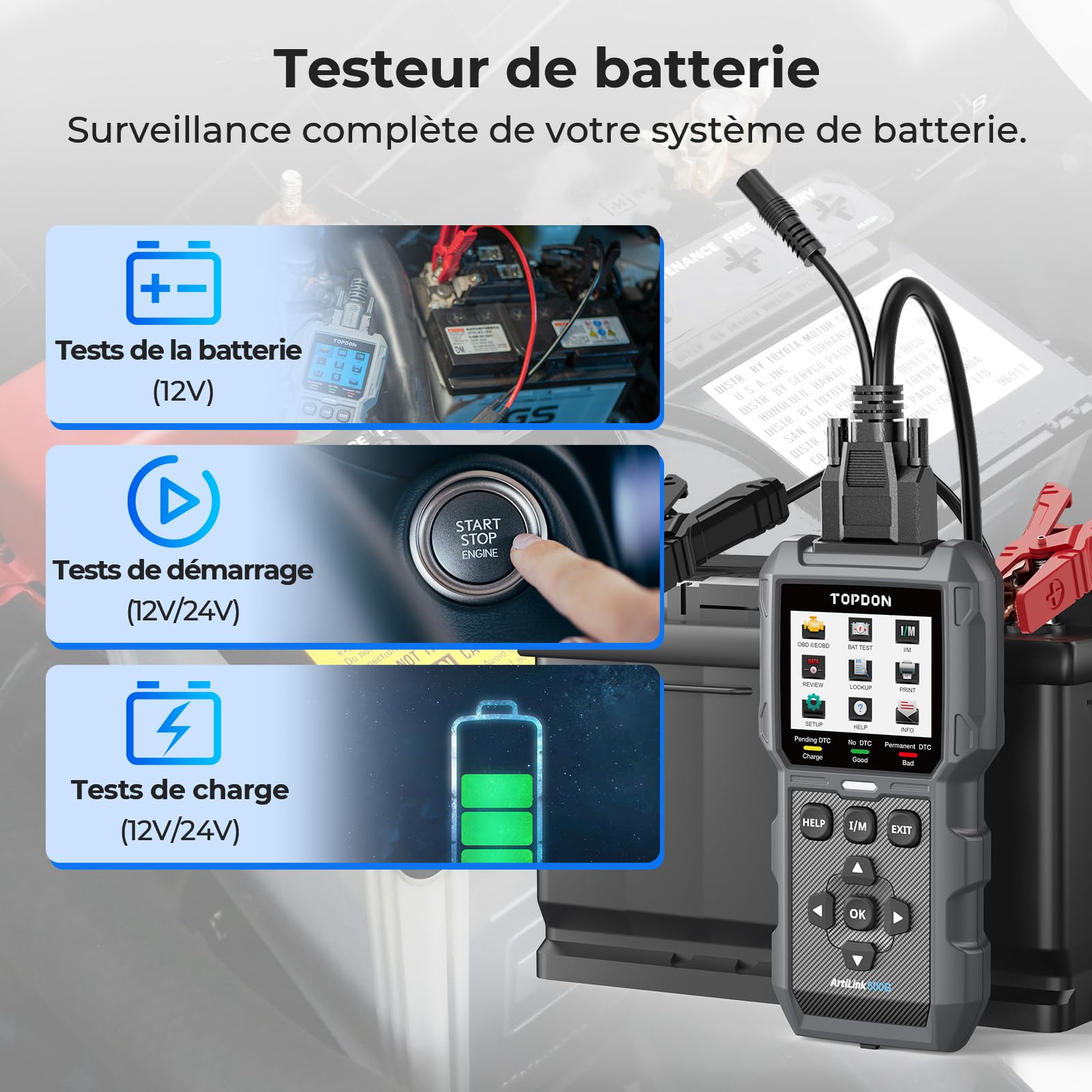TOPDON ArtiLink500B OBD2 Lecteur de Codes, Testeur de Batterie de Voiture 2 en 1, Fonction OBD2 Complète Automobile 12V Tests de Batterie, 12V/24V Tests de Démarrage/Charge, Mise à Jour Gratuite