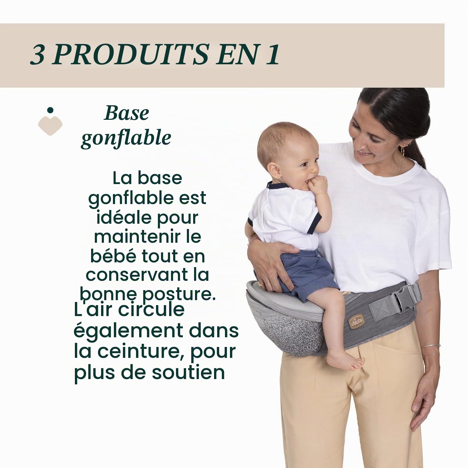 Chicco Airy Hip Fit Porte-bébé Ergonomique 3-en-1, Tissu Respirant, Support de Base Amovible pour Répartition du Poids,Positions Multiples : Face à la Maman, Face à l’Extérieur et Sac à Dos,0-15 kg