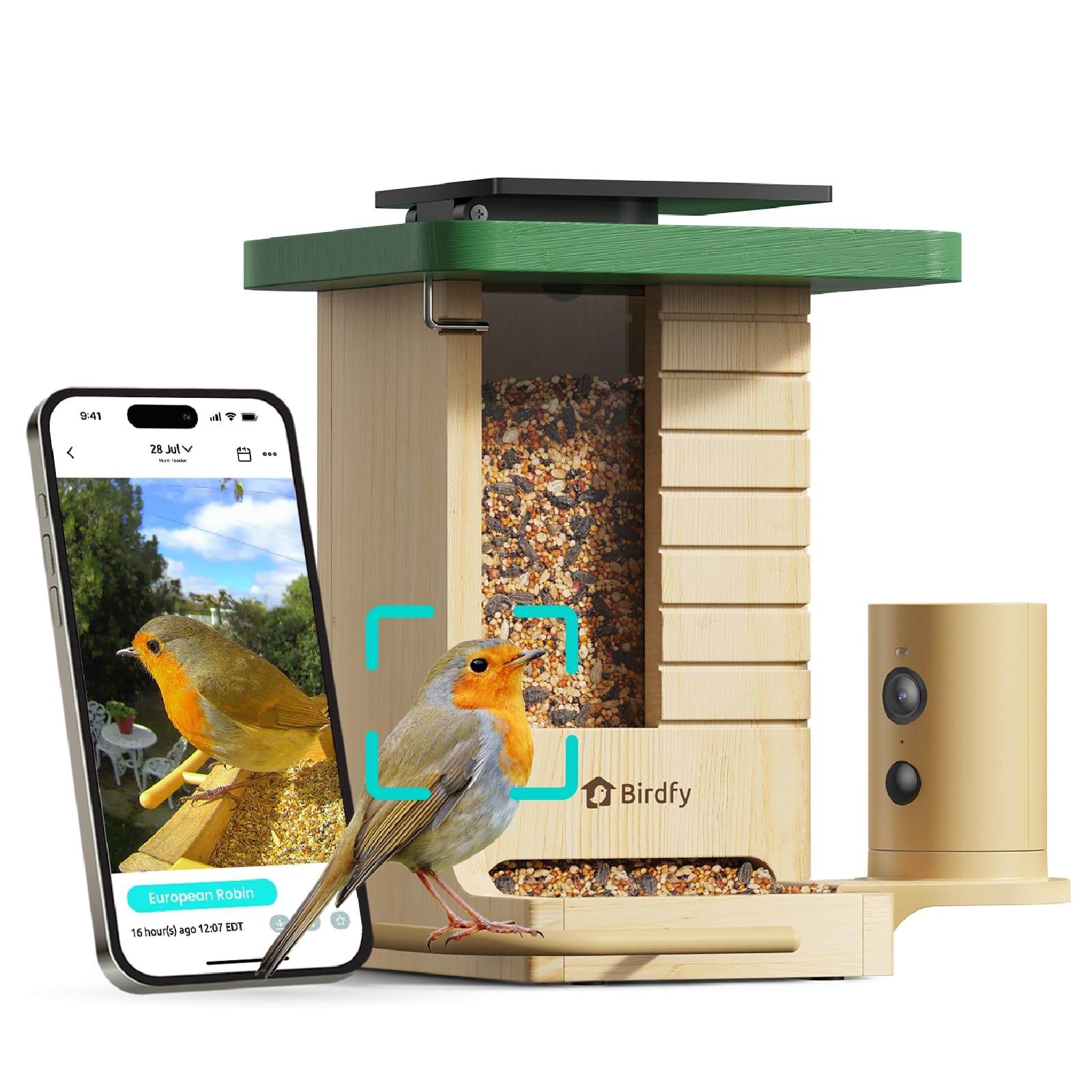 Smartes Vogelfutterhaus mit Kamera, Birdfy VogelFutterspender aus Holz, solarbetrieben, KI-Erkennung für 6000+ Vogelarten, 1080P Hochformat, wetterfest, App Live-Ansicht, YouTube&Facebook Streaming