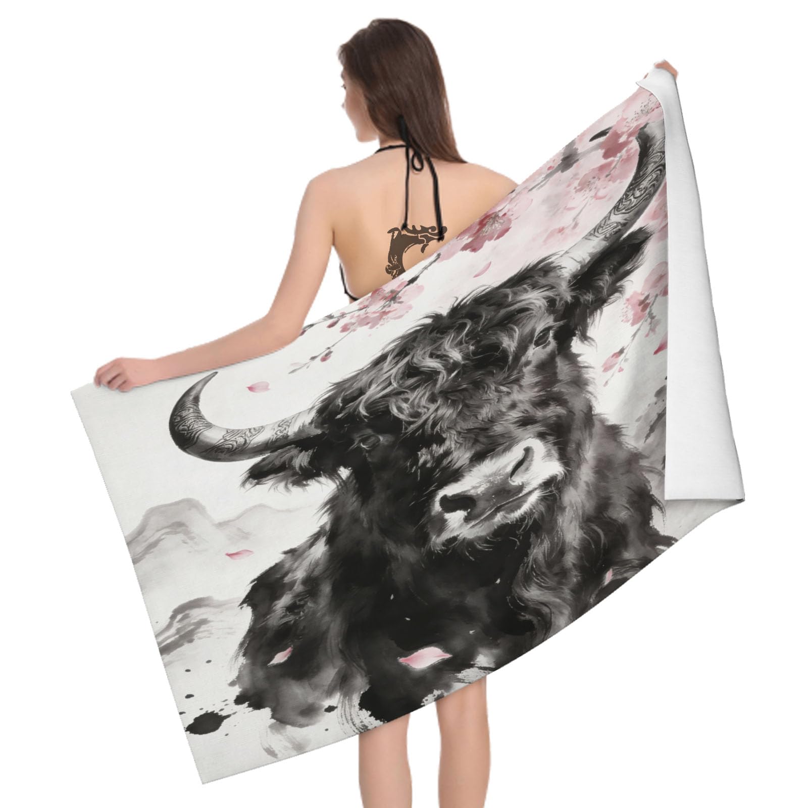 Leichong 3D Highland Cattle Beach Towel Microfiber Soft Quick Dry for Adults, Inky Floral Bath Towel Lightweight Soft Absorbent for Travel Swimming Pool Sports, 75 x 150 cm