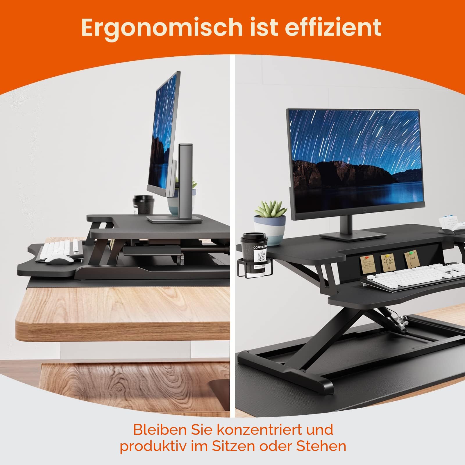 PUTORSEN Steh-Sitz Schreibtisch, 37'' Zweistufige Stehpult Konverter mit Tastaturablage, Höhenverstellbarer Stehpult Riser mit Tassenhalter und Notizbrett bis zu 15kg, Schwarz