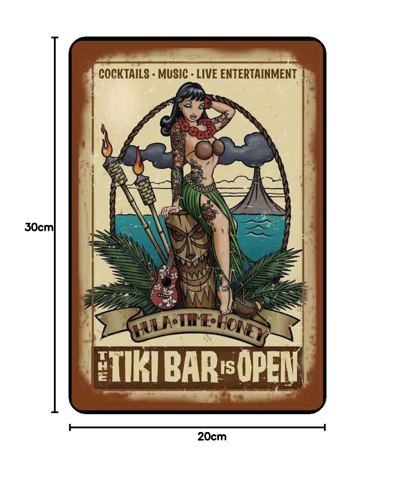 Schatzmix Blaszana tabliczka Cocktail The Tiki Bar is Open metalowa tabliczka 20 x 30 cm dekoracja ścienna tin Sign