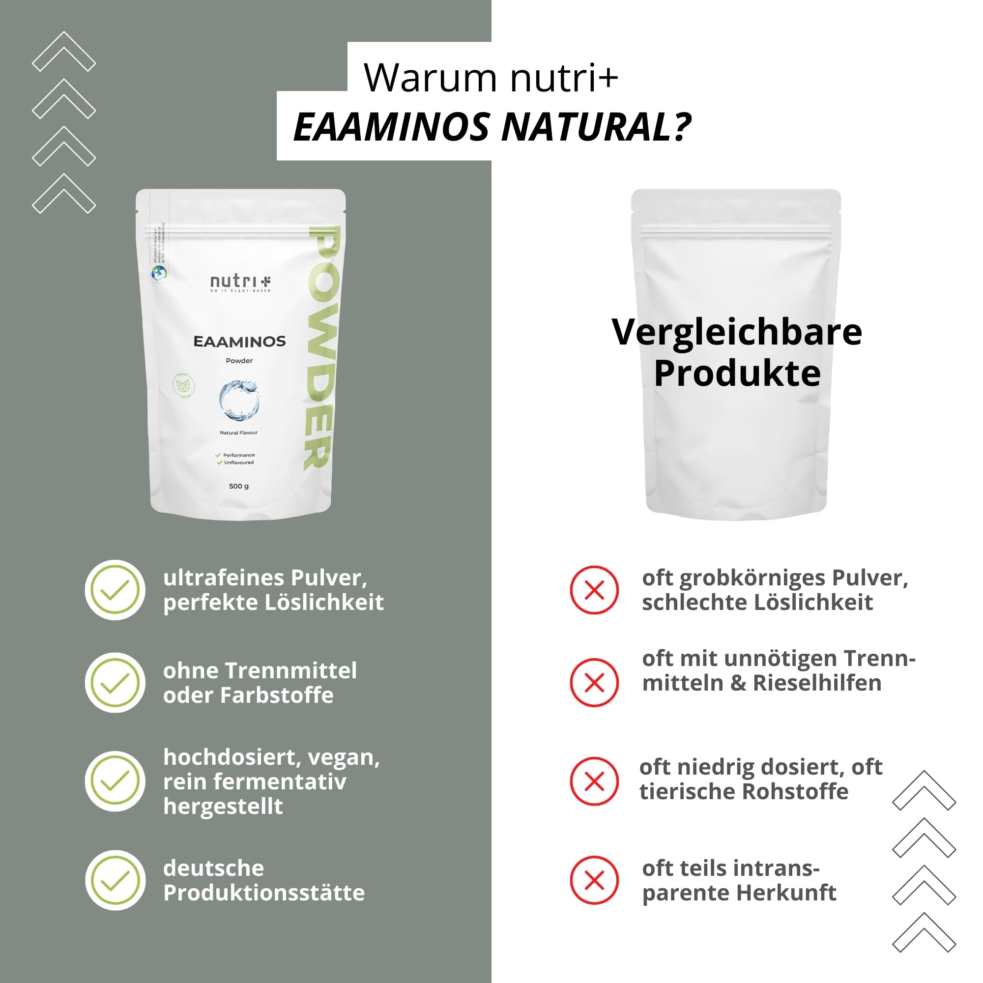 Nutri + EAA Pulver Neutral 500 g hochdosiert + vegan - 9 essentielle Aminosäuren - Instant Natural ohne Süßstoff, Zusatzstoff & künstlichen Geschmack