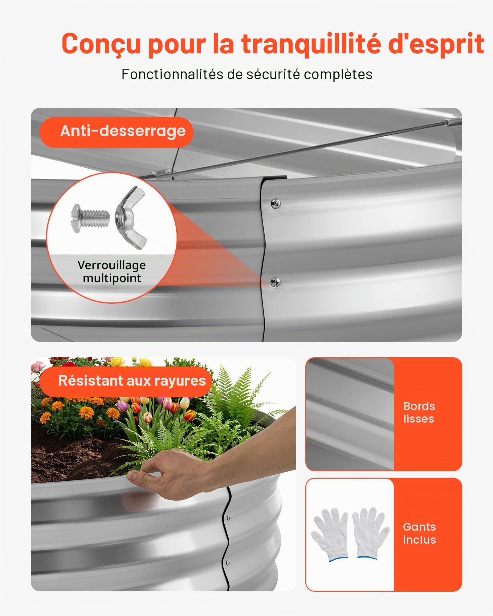 VEVOR Potager Surélevé Métal 120x60x30 cm Carré Potager Surélevé Lot de 2 Lit de Jardin Ovale pour Extérieur Culture Fruits Légumes Fleurs, Fond Ouvert, Galvanisé Aluminium-Zinc, avec Gants, Argenté