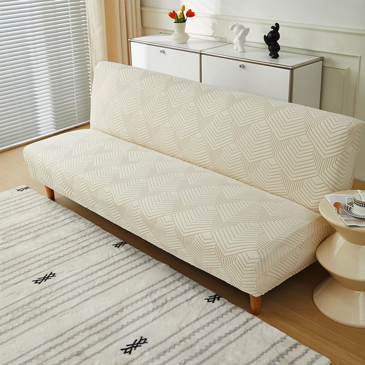 Funda Futón Elástica Sofá Cama Sin Reposabrazos 2-3 Plazas Geométrica(Cream,XL=77-83in)