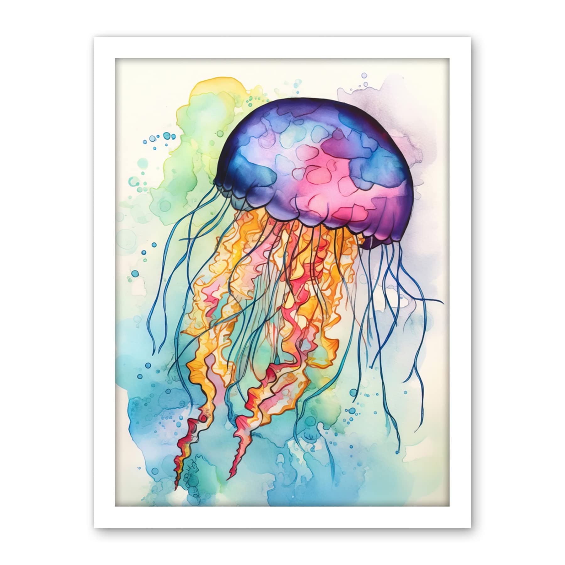 Artery8 Jellyfish Swimming Folk Art Watercolour Painting Artwork Framed Wall Art Print 18X24 Inch