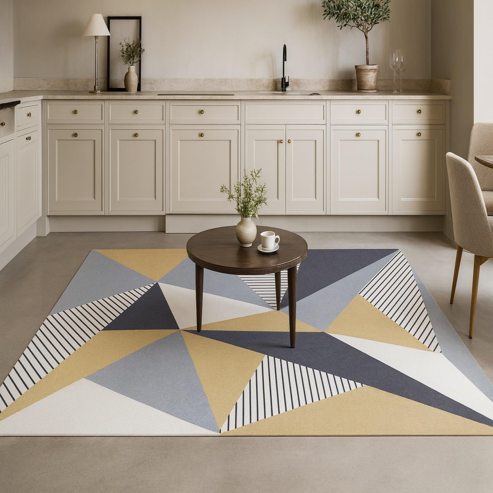 Tapis moderne géométrique noir gris et jaune en tissu de 155 x 215 cm