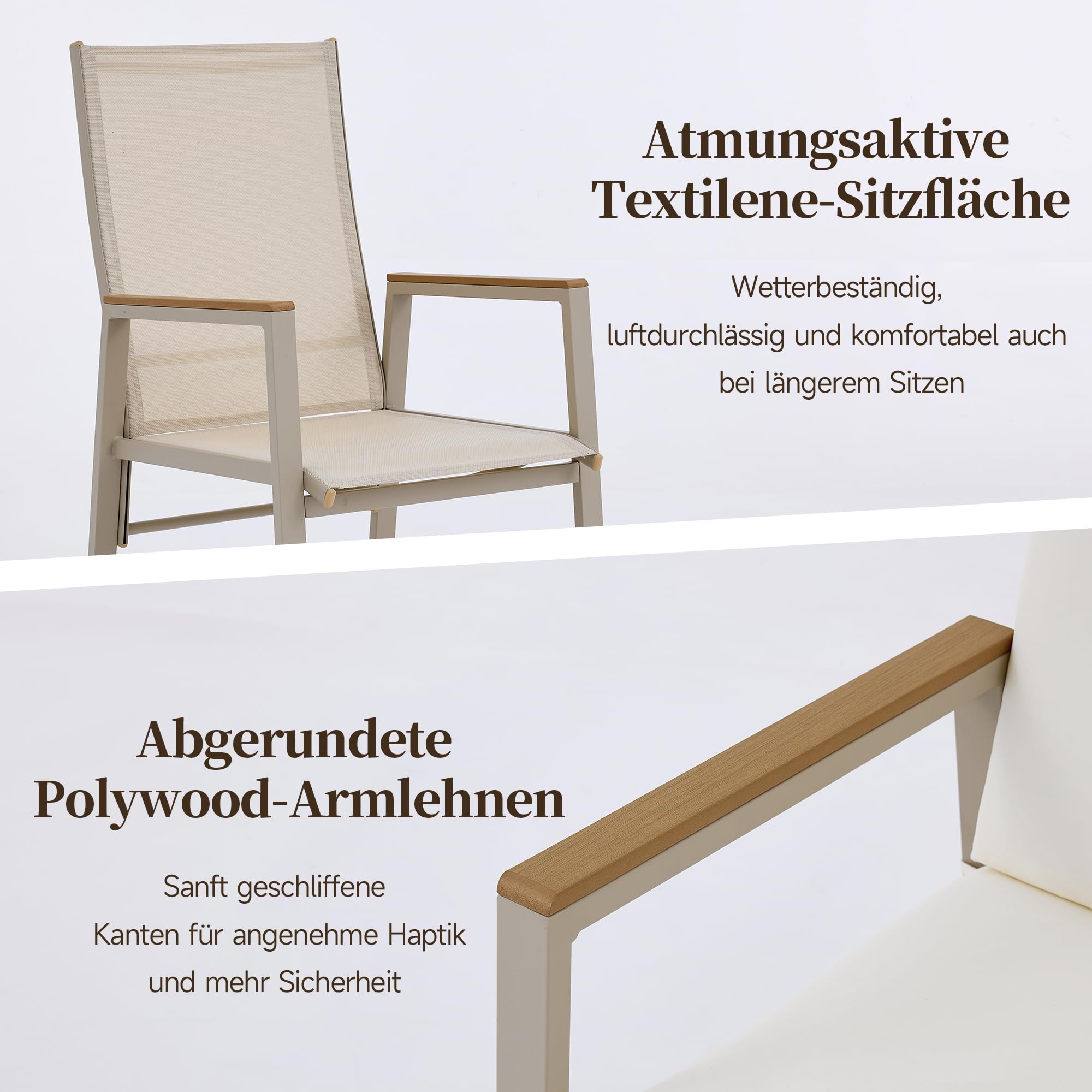 Shye Set da pranzo da giardino, 6 persone, 1 tavolo e 6 sedie, ferro zincato, piano in legno di plastica, cachi, beige