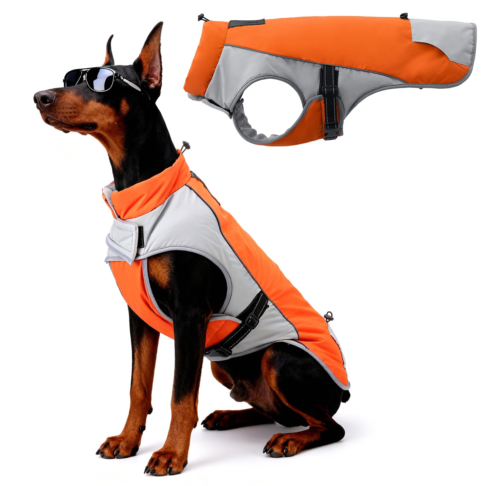 BUMUBI Bicolor Dog Winter Coat – Waterproof & Windproof Light-Insulation Jacket with Adjustable Neck & Tail, Reflective Christmas Dog Jacket for Outdoor Safety, Orange & Gray XL