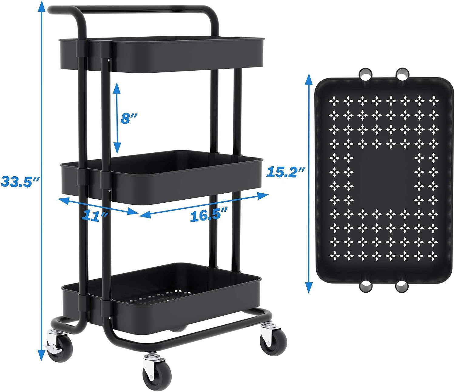 JEKOSEN 3 Tier Heavy-Duty Rolling Cart, Storage carts with Wheels, Mental Utility Trolley Multifunction Cart Storage Organizer for Office Kitchen, Bathroom, Bedroom Black