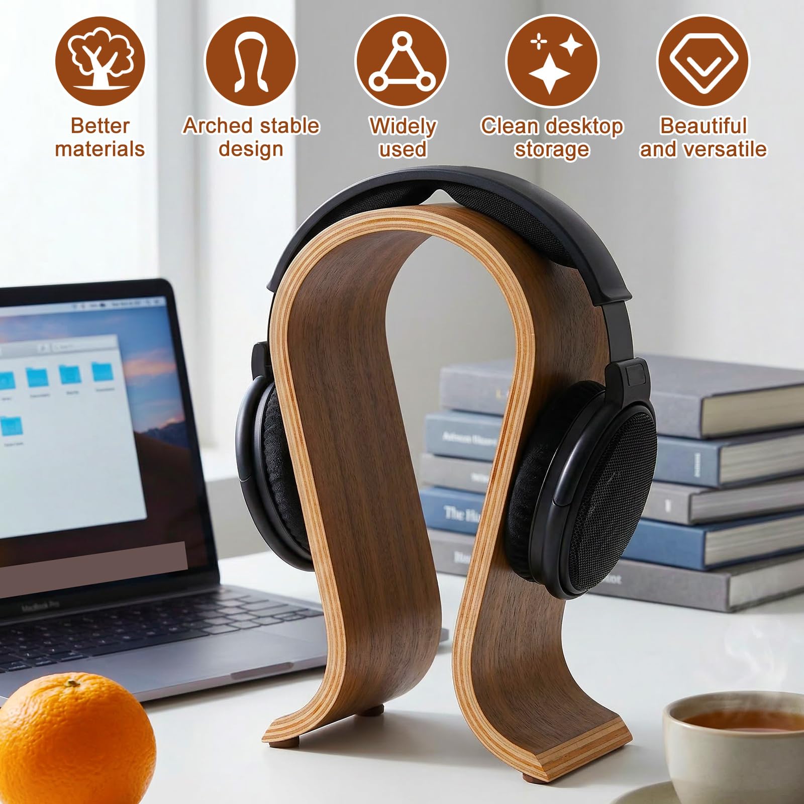 Support de casque en bois de noyer pour casque de bureau, support de casque de jeu, design de pont d'arc, compatibilité universelle