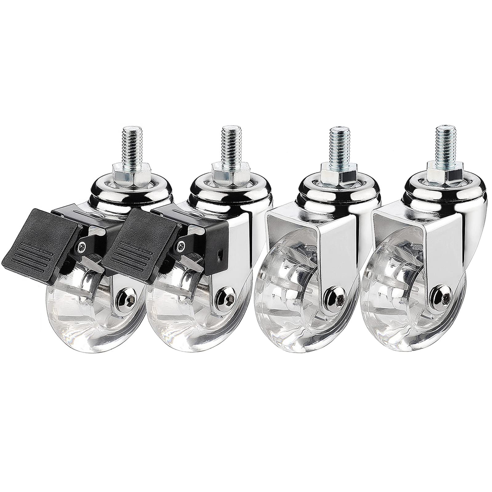 4 Ruedas giratorias con vástago, hasta 100 kg, Resistentes y pequeñas para Muebles, diámetro de Rueda: 50 mm, silenciosas, de Goma Transparente (2 con Freno + 2 giratorias M8 x 25