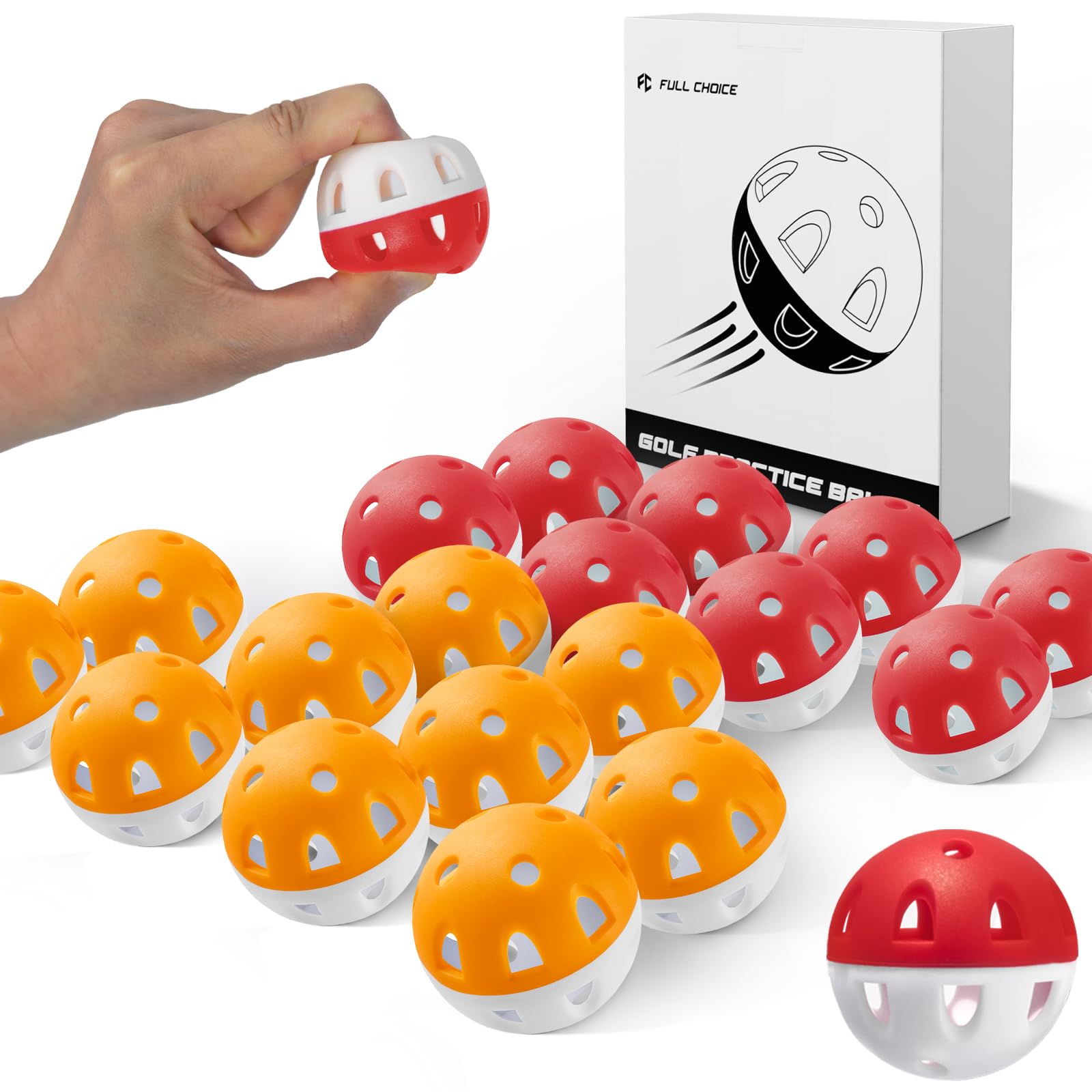 Full Choice Wear-Resistant Practice Golf Balls (20 Pack), High Visibility for Easy Tracking, Limited-Flight, Golf Balls Design, Indoor & Outdoor, 10 Orange & 10 Red