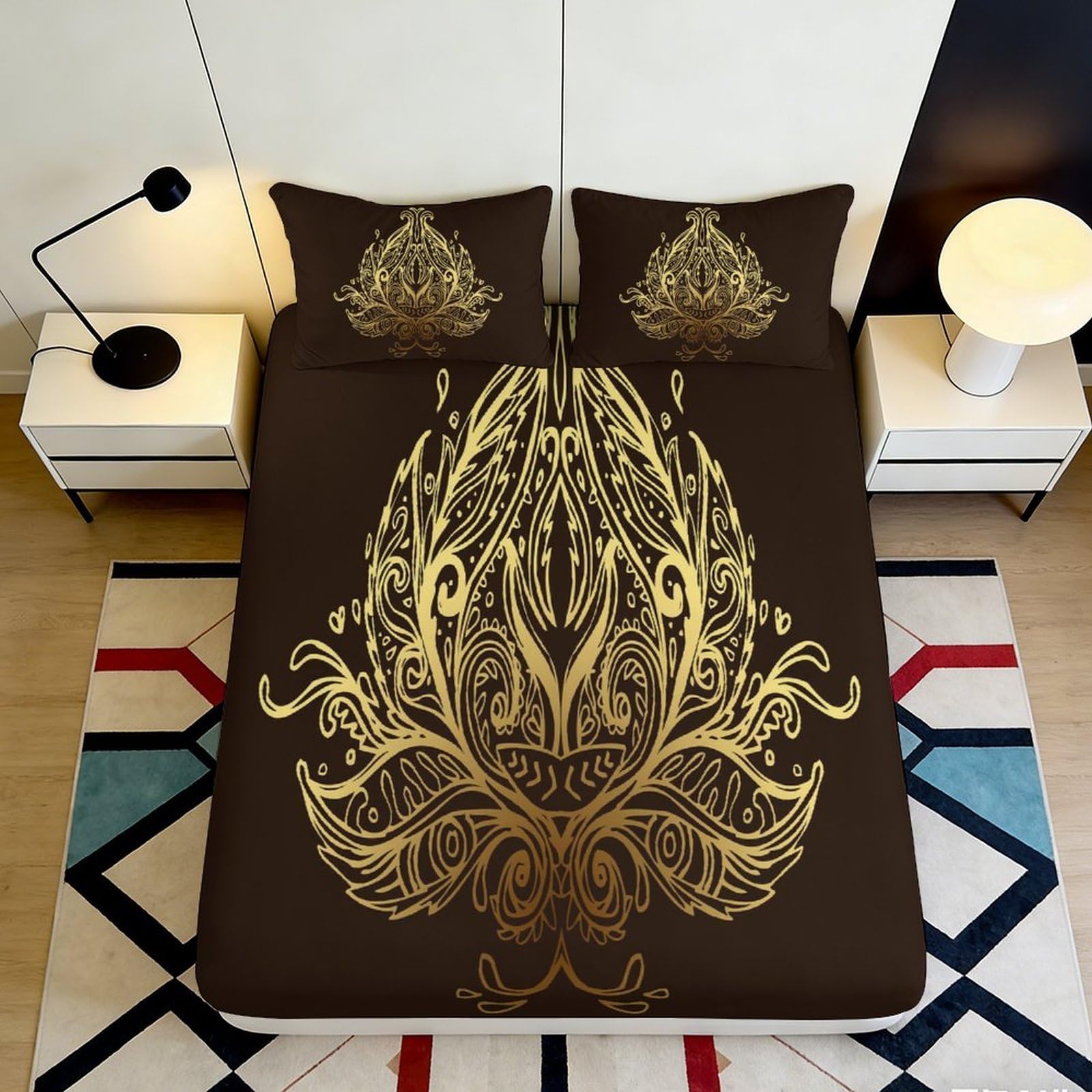 3D Printed Golden Lotus Fitted Sheet Microfiber Soft Breathable Ornate Leaf Bed Cover for Bedroom Dorm Dormitory Guest Room Mattress Protection 180x200x25cm