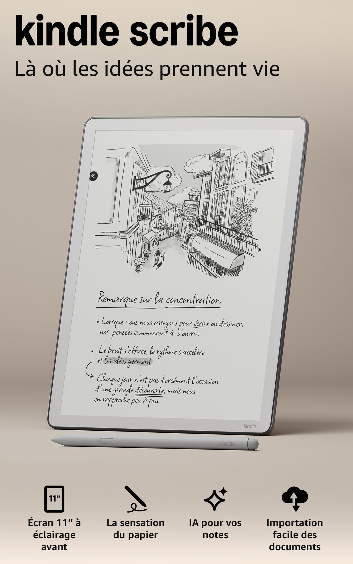 Amazon Kindle Scribe 32 Go (nouvelle génération) : écran 11" effet papier avec éclairage avant ; plus fin, léger et rapide ; écrivez dans le carnet de notes intégré, les documents et les livres